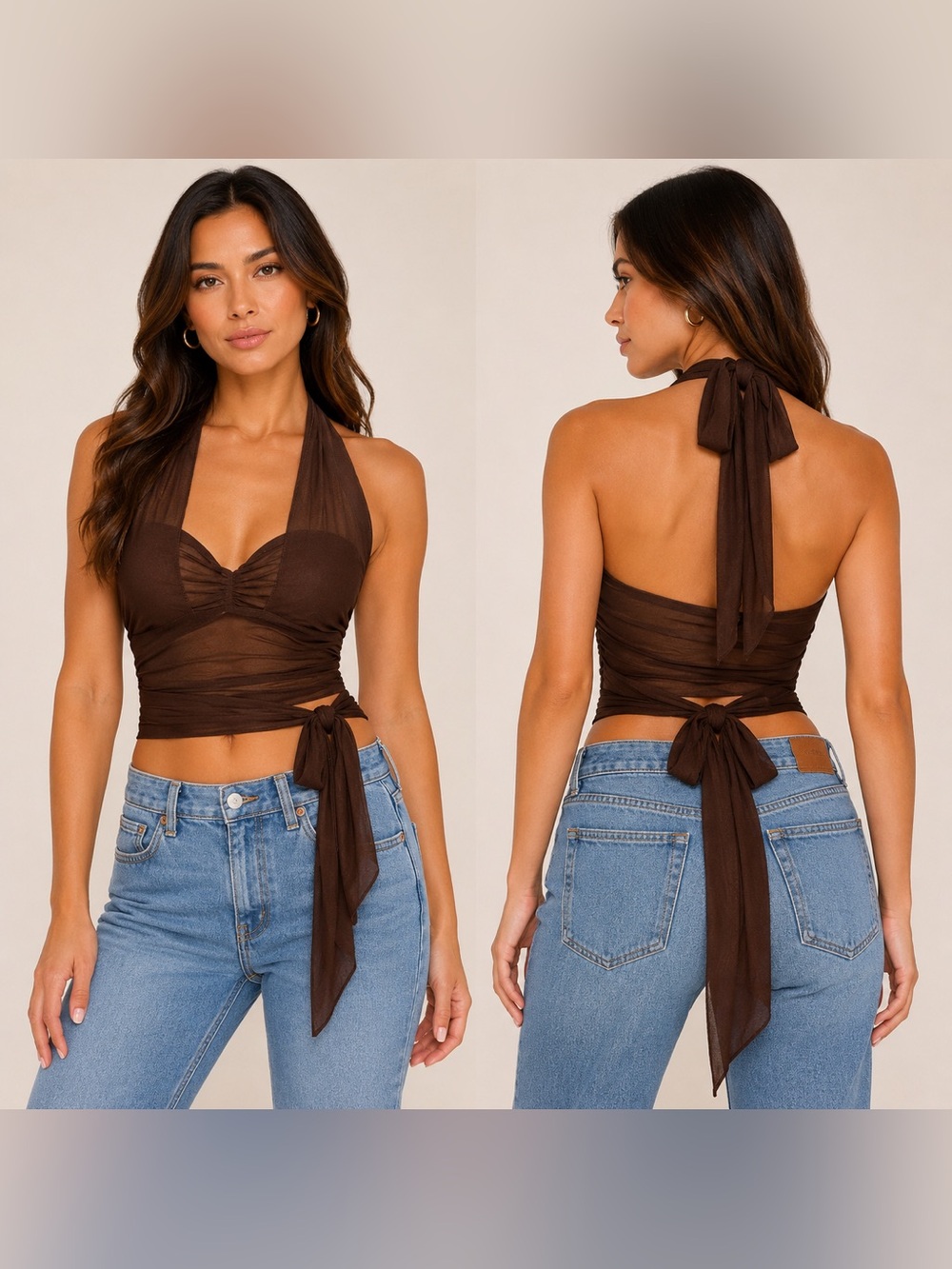 MAJORELLE Chocolate Brown Sheer Halter Crop Top